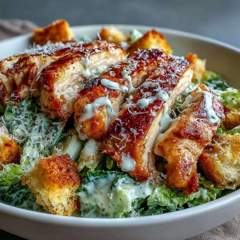 Ein proteinreicher Caesar Chicken Bowl mit goldbraunem Hähnchen, parmesanbestreutem Salat und cremiger Dressingsauce.