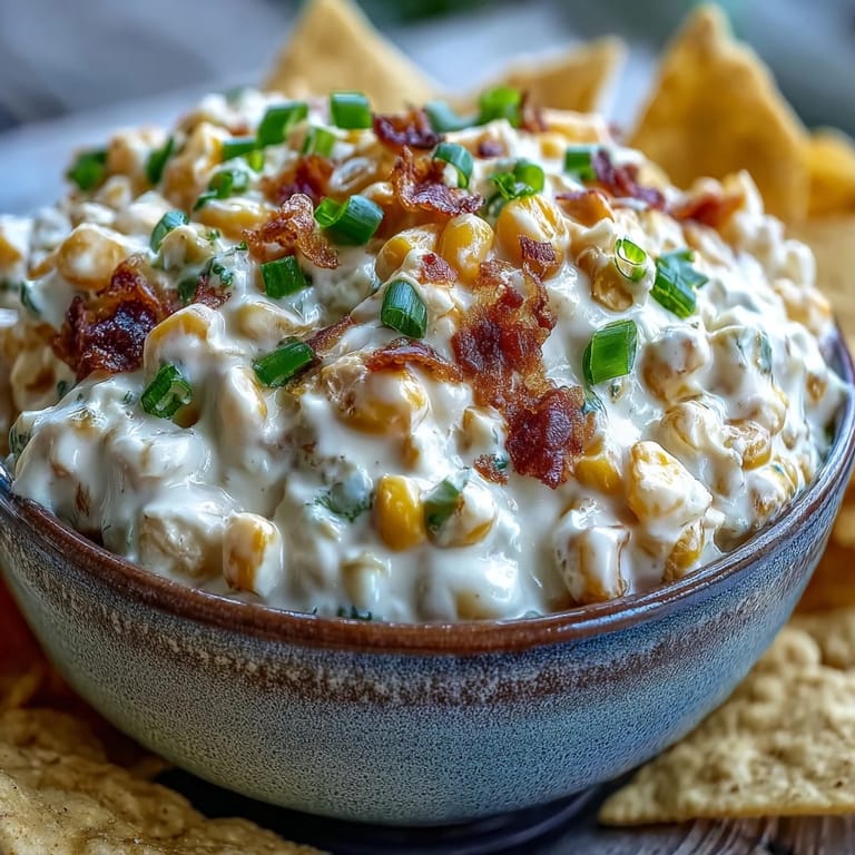 Crack Corn Dip mit Mais und saurer Sahne, serviert in einer Schale mit Chips.