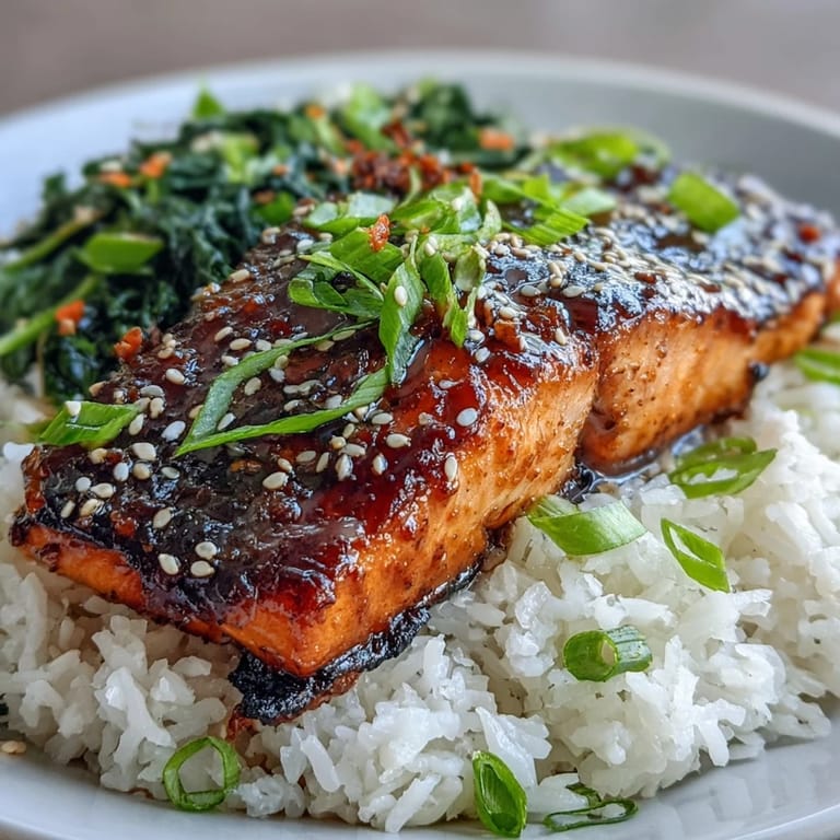 Asiatisch inspirierter Miso-glasierte Lachs Bowl mit glasigem Lachs auf Bett aus Reis und würzigem Spinat.