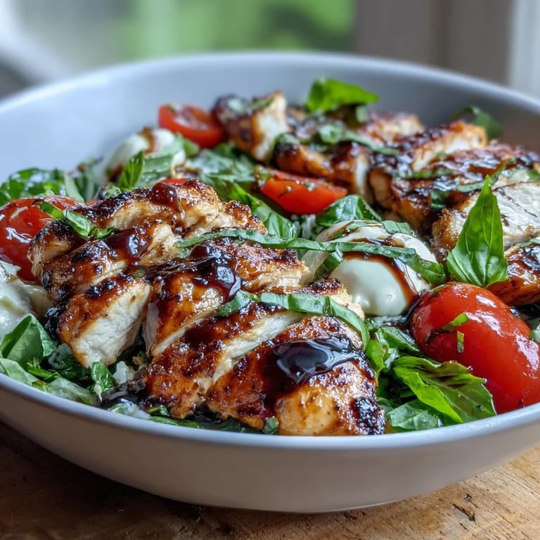 Caprese Chicken Bowl platter with grilled chicken, fresh basil, and a tangy balsamic glaze.