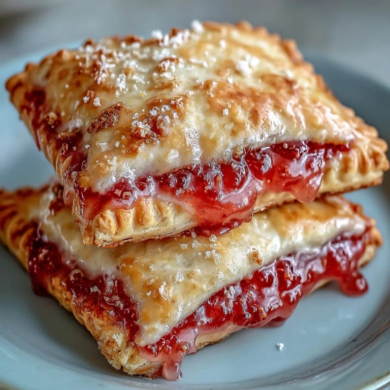A hand holding a warm Guava Cheese Pop Tarts, revealing flaky pastry layers and a vibrant, sticky guava glaze.