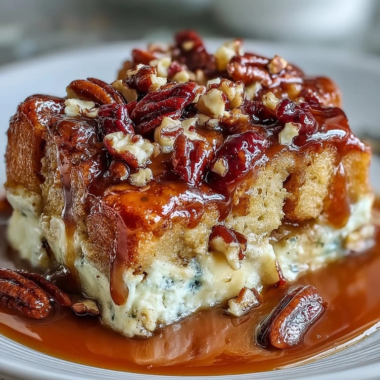 Golden-brown Guava Caramel Bread Pudding With Pecans topped with chopped pecans, ready to serve.
