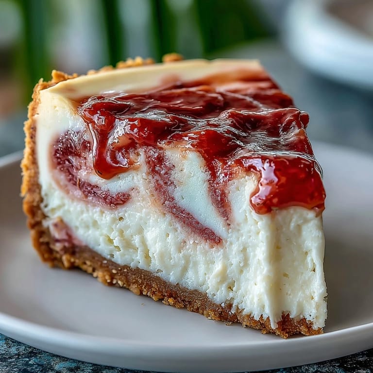 1. Guave-Käsekuchen mit cremiger Füllung und Guavenmarmelade-Schleife auf knusprigem Keksboden