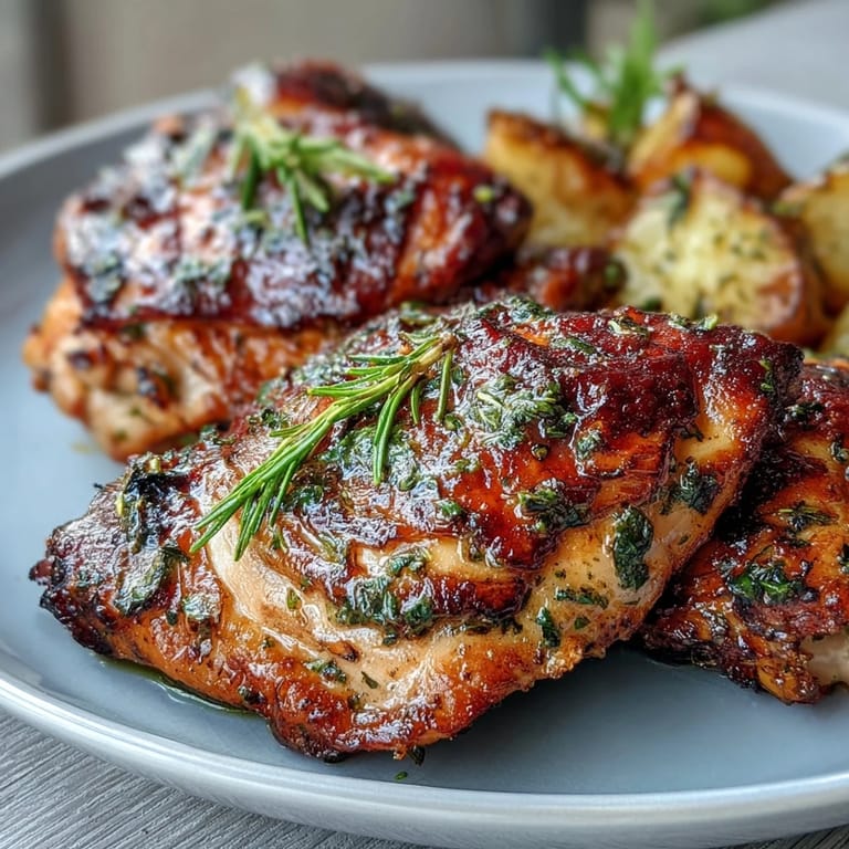 Zitronen-Kräuter-Hähnchen mit knusprigen Kartoffeln, perfekt für ein gemütliches Abendessen im Frühling.