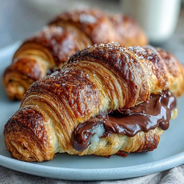 Knusprige, geschichtete Sauerteig-Croissants mit dunkler Schokolade: perfekt für ein elegantes Frühstück oder einen süßen Snack.