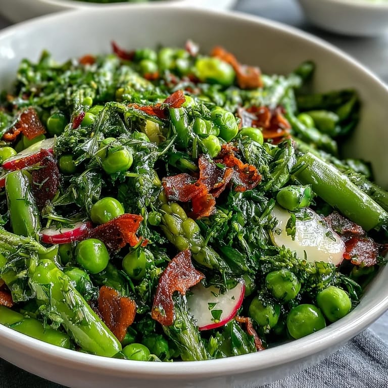 Frische Frühlingssalat mit Zitronen-Vinaigrette, Radieschen und süßen Erbsen.