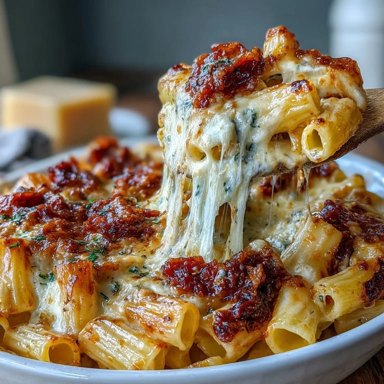 Köstlicher One-Pot Cheesy Pasta Bake mit goldgelbem Käse und frischen Kräutern.  