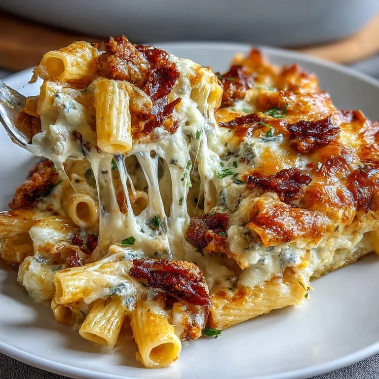 Herzhafter Cheesy Pasta Bake mit cremiger Sauce und knusprigem Kruste aus dem Ofen.