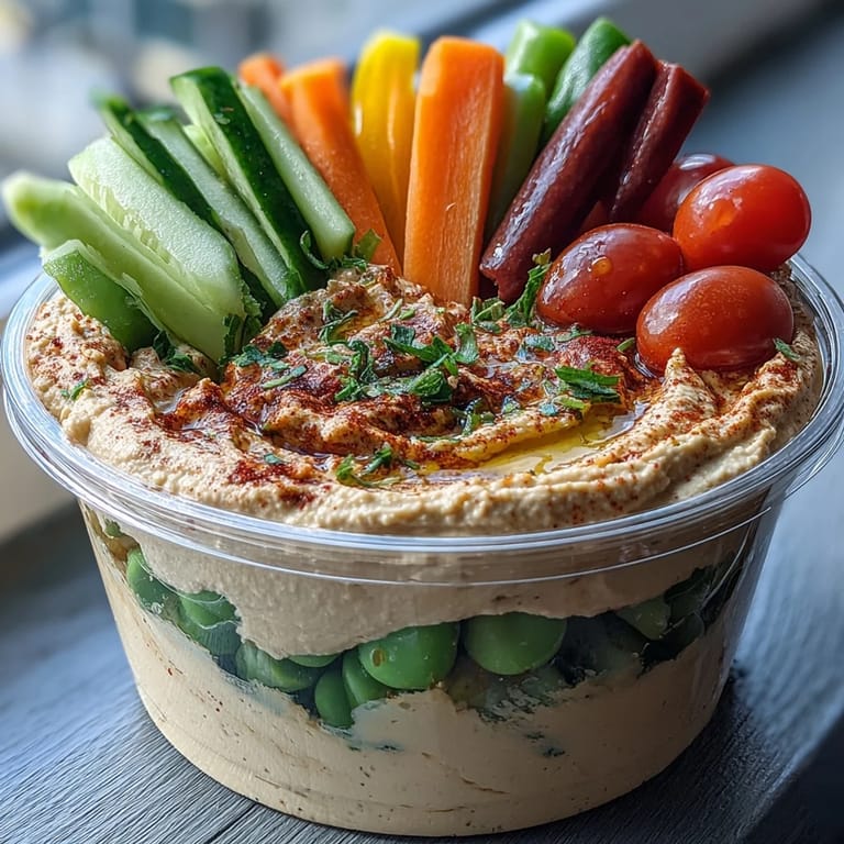Frische Gemüsesticks mit Hummus in kleinen Cups – ideal für Picknick oder Lunchbox.