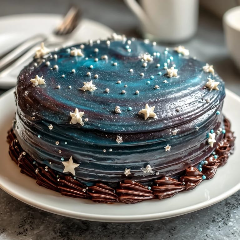 Ein galaktischer Traum in Form einer Torte: glatte Buttercreme in tiefen Blautönen und Lila, verziert mit goldenen Sternen.