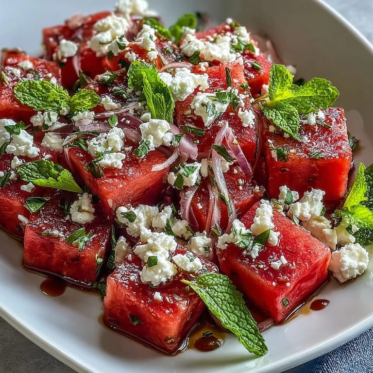 1. Grilled Watermelon Salad with Feta and Mint - A vibrant summer dish with smoky grilled watermelon, creamy feta, and fresh mint leaves, perfect for outdoor gatherings.