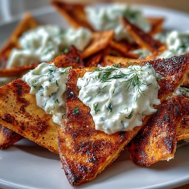 Knusprige Pita-Chips mit Tzatziki – goldbraun gebacken und perfekt zum Dippen.