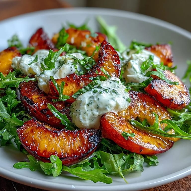 Süße, gegrillte Pfirsichhälften auf frischem Rucola, belegt mit zarter Burrata und einem Hauch Honig.