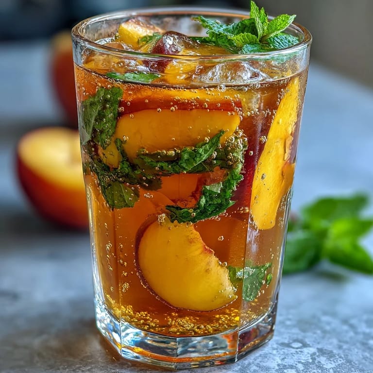 Ein Glas Mango-Pfirsich-Sprudeltee mit Eis, garniert mit Minze und Obstscheiben