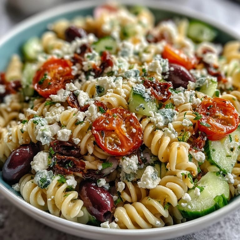 Saftige Tomaten und salzige Oliven verfeinern diesen griechisch inspirierten Nudelsalat mit Feta – perfekt für sommerliche Picknicks und Grillabende.