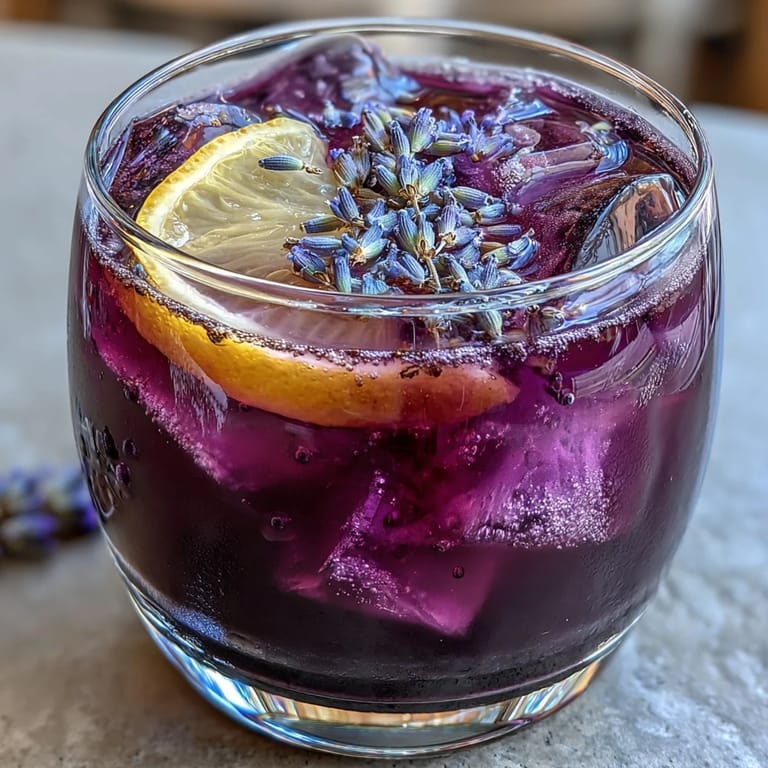 Kühlende Lavendel-Limonade mit violetter Färbung und erfrischenden Zitrusnoten.