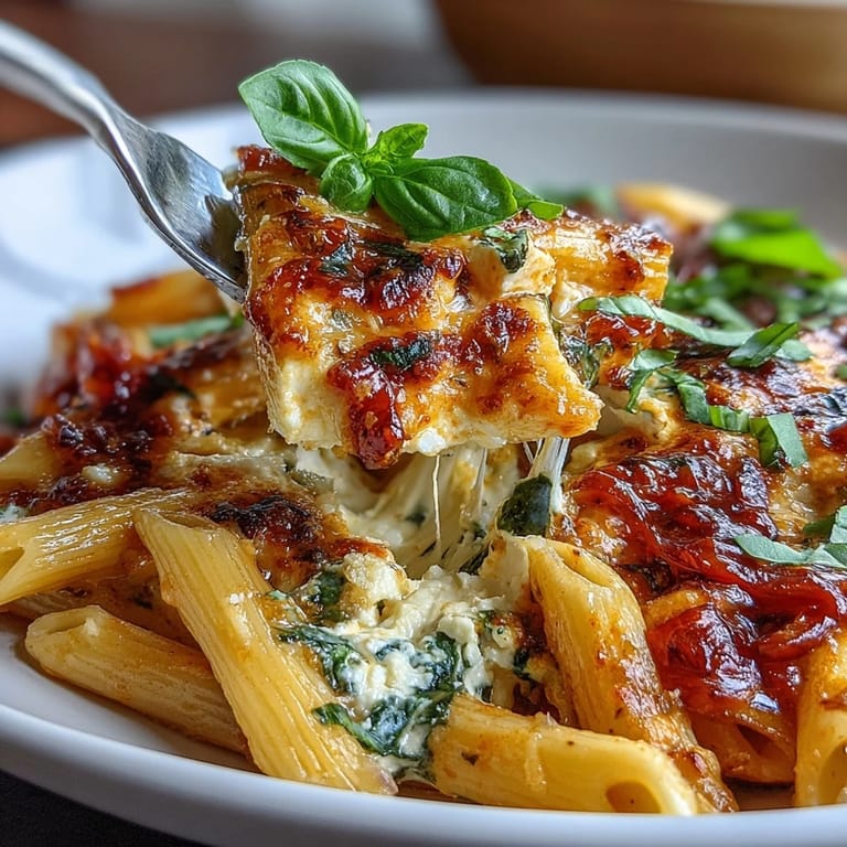 Goldener gebackener Feta mit zarten Cherrytomaten und Basilikum, serviert auf dampfenden Nudeln – mediterraner Genuss.