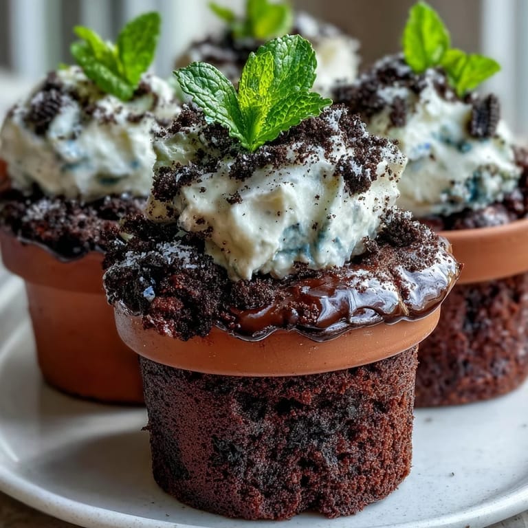 Muttertags-Brownies im Blumentopf: Verführerische Schokoladenbrownies mit zerbröselten Oreo-Keksen als "Erde", dekoriert mit essbaren Blüten für eine festliche Präsentation.