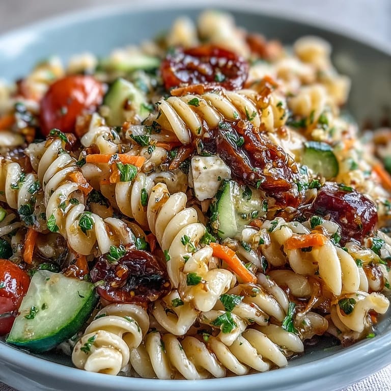 Bunter Pasta-Salat mit knackigem Gemüse und würzigem italienischem Dressing, ideal für amerikanische Grillpartys.