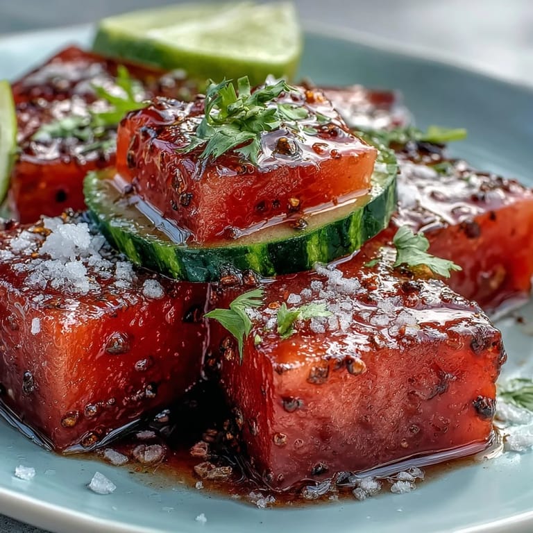 3. Lebendiger Salat aus Wassermelone und Gurke, verfeinert mit Limette und Tajin, perfekt als Beilage oder Snack.
