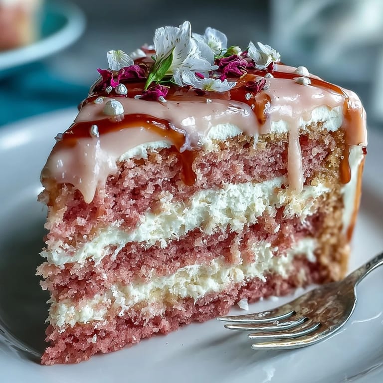 Rosé Velvet Cake mit Goldtropfen: Blassrosa Schichten, dekoriert mit glänzendem Goldüberzug, perfekt für festliche Anlässe.