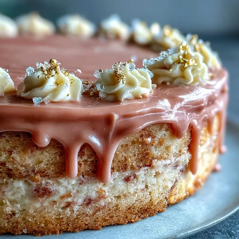 Zarter Rosé-Velvet-Kuchen mit cremiger Frischkäse-Decke und goldenem Tropfenguss – perfekt für festliche Anlässe.