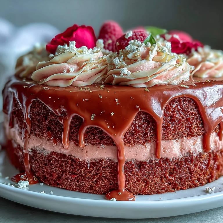 Rosé-Buttercreme und goldener Drip auf rosa Samt-Kuchen  