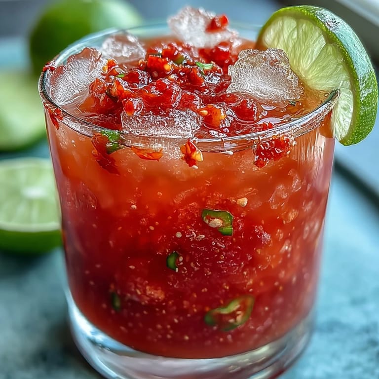 Vibrierender, alkoholfreier Strawberry Chili Limeade Mocktail, ideal für heiße Sommertage serviert.