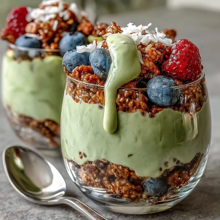 Genießen Sie diese gesunde Fiber-Rich Avocado Chia Pudding Parfait, perfekt gekühlt und belegt.
