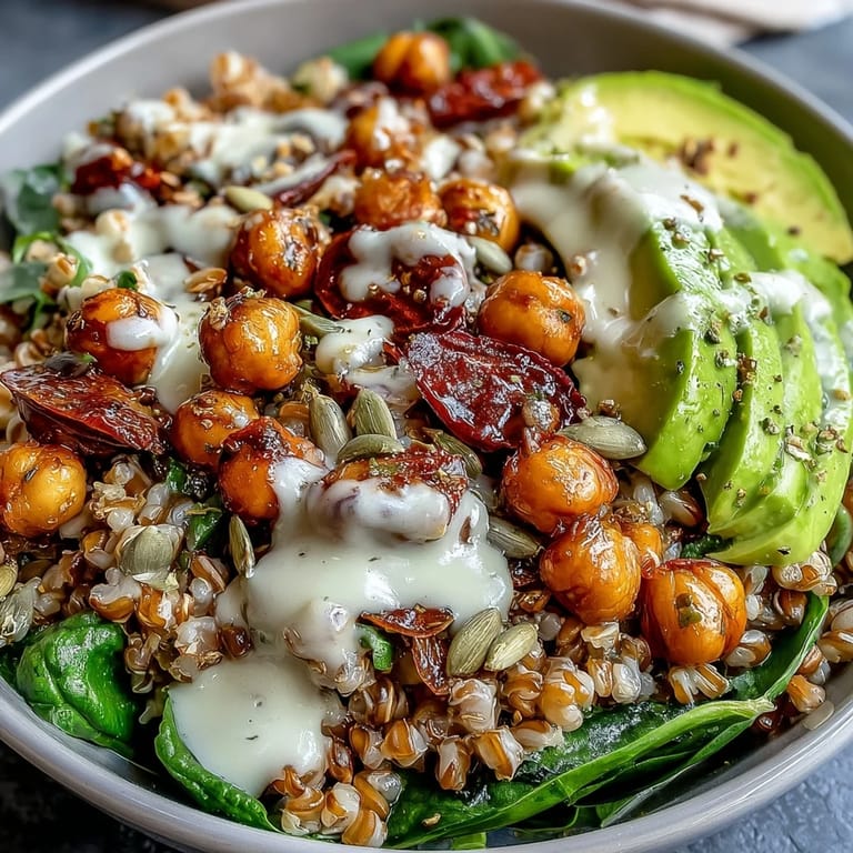 Herzhafte Ancient Grains Bowl mit Farro, Quinoa, Kichererbsen, perfekt für ein gesundes Abendessen.