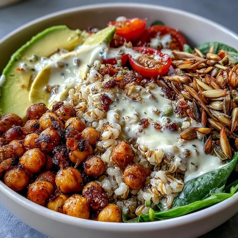 Würzige Ancient Grains Bowl mit Farro, Quinoa und Kichererbsen, servierfertig im Teller.