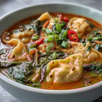 Ein dampfender Topf mit Red Curry Wonton Soup, gefüllt mit grünen Spinatblättern, Karottenscheiben und wonton-Teigtaschen in einer würzigen Kokos-Curry-Brühe.