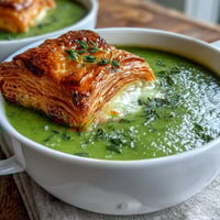 Goldene Blätterteigtaschen mit Käsefüllung, aromatisiert mit Brie und Cheddar, neben einer Schale mit samtig pürierter Kürbis-Brokkoli-Suppe.