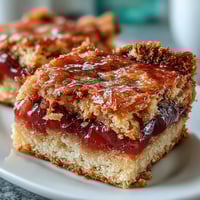 Goldene Guava Cake Bars mit zarter Kruste und rosafarbenem Fruchtfüllungsaufstrich.