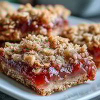Goldene Guava Jam Bars mit knusprigem Kokos-Macadamia-Crumble, frisch gebacken und gelockert.