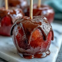 Klassische rote Bonbon-Äpfel mit weißer Schokoladenglasur, glänzend und knusprig, mit zarter weißer Schokoladendrizzle.