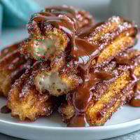 Hier sind drei einzigartige, SEO-optimierte ALT-Texte für das Bild der Cinco de Mayo Churro Bites mit Schokoladensoße: