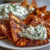 Knusprige, goldene Pita-Chips mit cremigem Tzatziki – perfekter erfrischender Snack für heiße Sommertage.