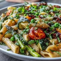 Frischer Frühlingspasta Primavera mit buntem Gemüse und Kräutersauce.