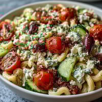 Farbenfroher griechischer Nudelsalat mit Oliven und Feta – frische Tomaten, knackige Gurke und cremiger Feta in einer mediterranen Dressing-Mischung.
