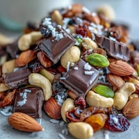 Einfache hausgemachte Müsliriegel mit dunkler Schokolade, nussig und fruchtig.