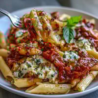 Bunter Ofen-Feta-Nudeln mit Cherrytomaten und frischem Basilikum – cremig, aromatisch und perfekt für ein schnelles Abendessen.