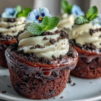 Blumenkübel-Brownies mit Oreo-Erde: Dekorative, reichhaltige Brownies mit cremiger Glasur und knuspriger Oreo-"Erde", serviert in Mini-Blumentöpfen und mit essbaren Blumen verziert.