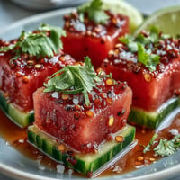 1. Bunter Wassermelonen-Gurken-Salat mit Tajin und Limette, voller saftiger Früchte und frischer Kräuter für den Sommer.
