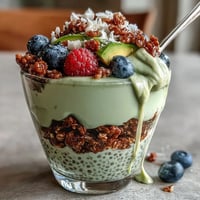 Cremige Fiber-Rich Avocado Chia Pudding Parfait-Schichten mit Beeren und Granola.
